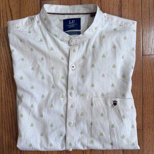 Louis Philippe Peach Band Collar Shirt Men's Medium 40 Cotton Geometric Print